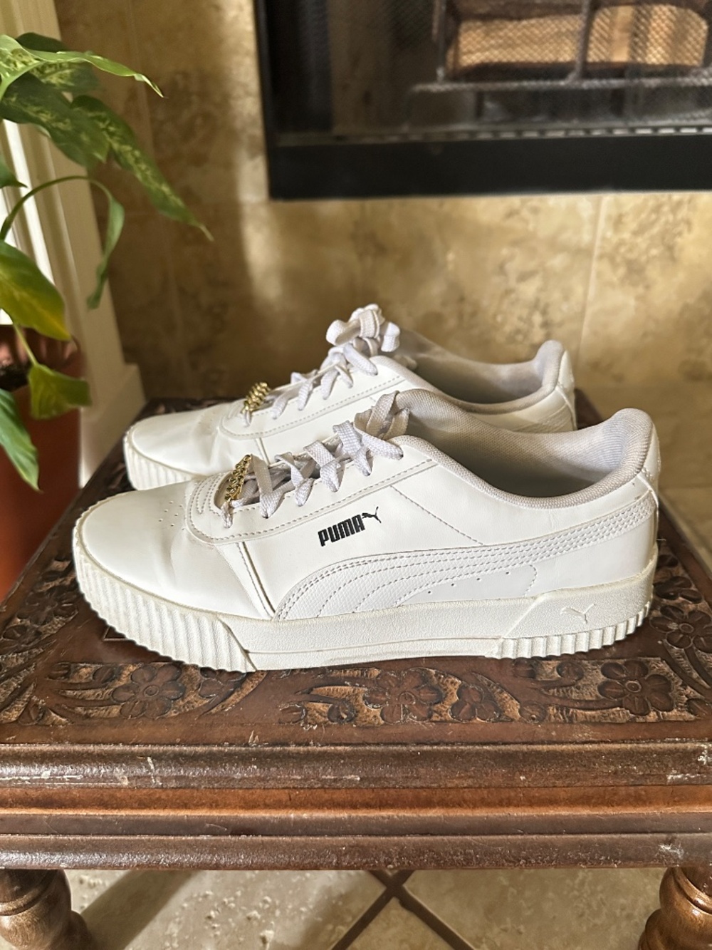 Puma Carina White Platform Sneakers with Gold Chain Accent